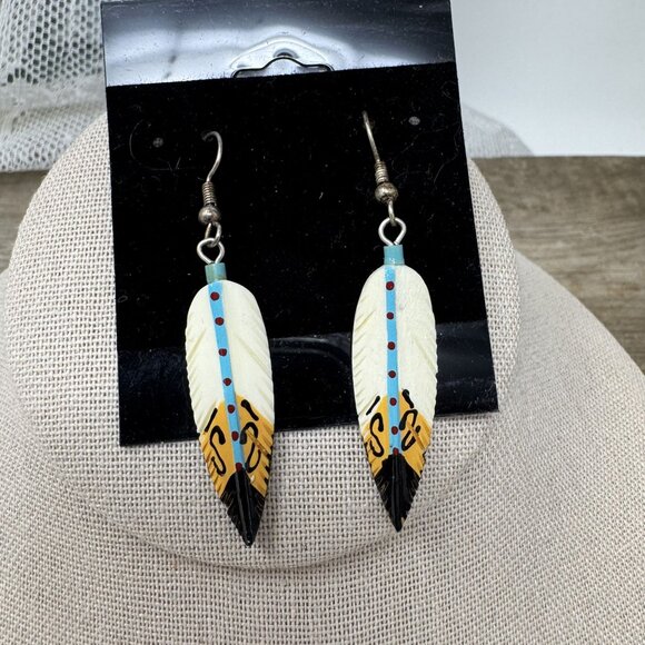 Handcrafted Feather Dangle Earrings With Tribal Design Pierced French Hooks - Picture 4 of 4